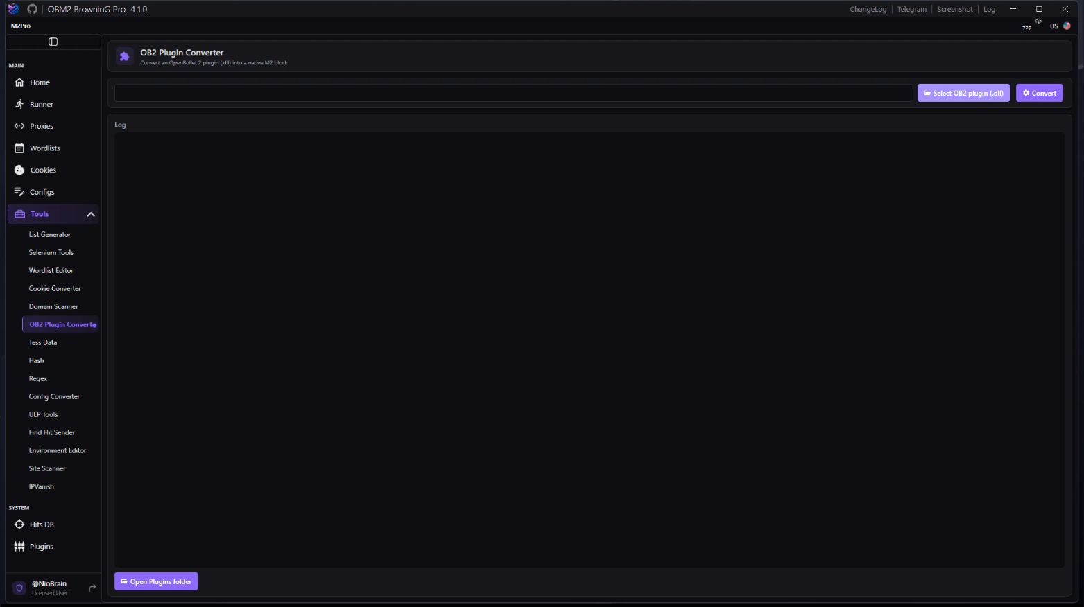 Tools menu with OB2 Plugin Converter open